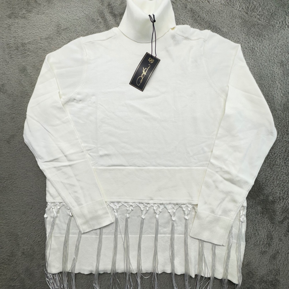 DG2 Diane‎ Gilman White Turtleneck Sweater Fringe Trim Tassel Detail Size L NWT - Picture 2 of 10